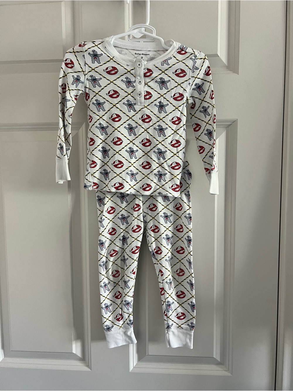 Roller Rabbit Cream Ghostbusters Print Kids Pajama Set with Red and Blue Accents